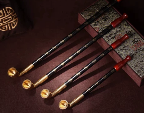 手工烟斗老式印花实木烟杆红玛瑙嘴旱纯铜锅子...