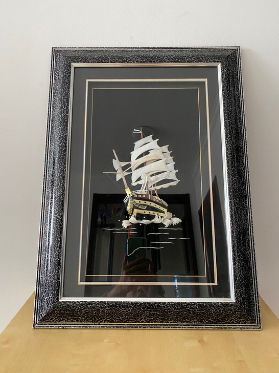 回流贝雕工艺画，一帆风顺，寓意很好，非原框