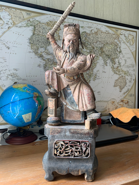 清代早期或明代精品鎏金彩绘老木雕财神造像开...