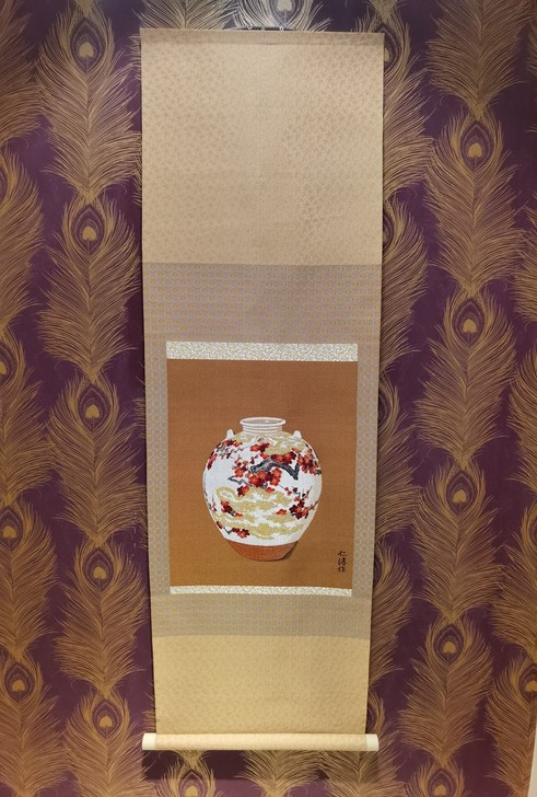 日本回流刺绣画，织锦画，静物图，梅花花瓶，...