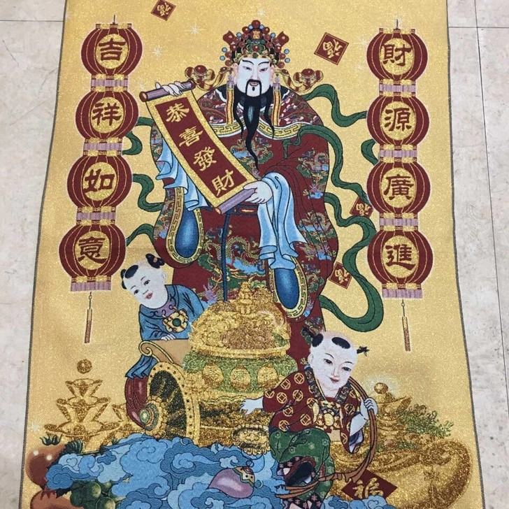 织锦布画丝绸刺绣画 唐卡机绣财神画年画财源...