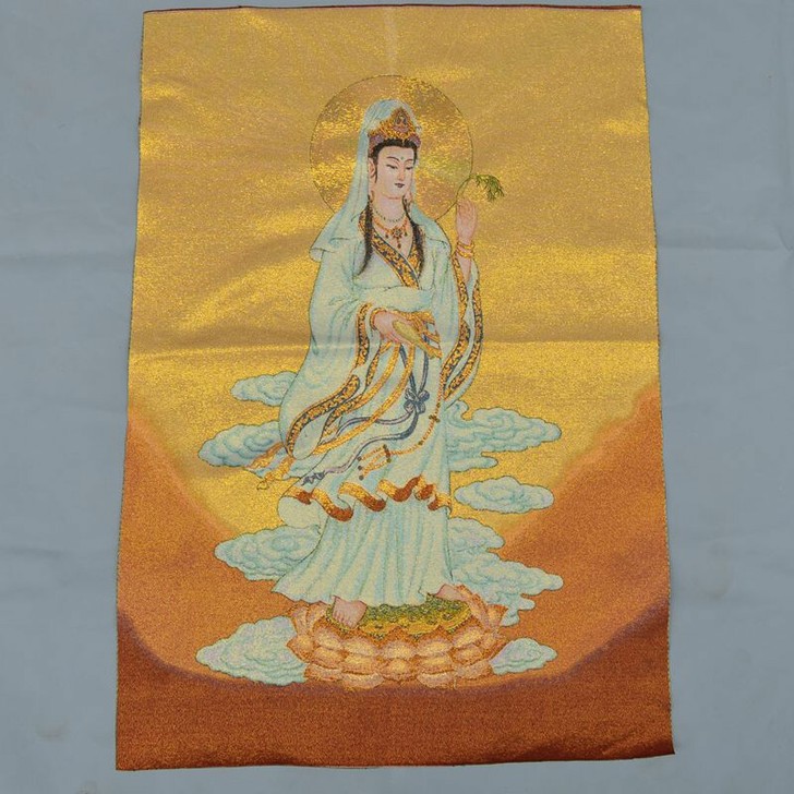 织锦布画丝绸刺绣画唐卡唐喀机绣 祥云柳枝净...