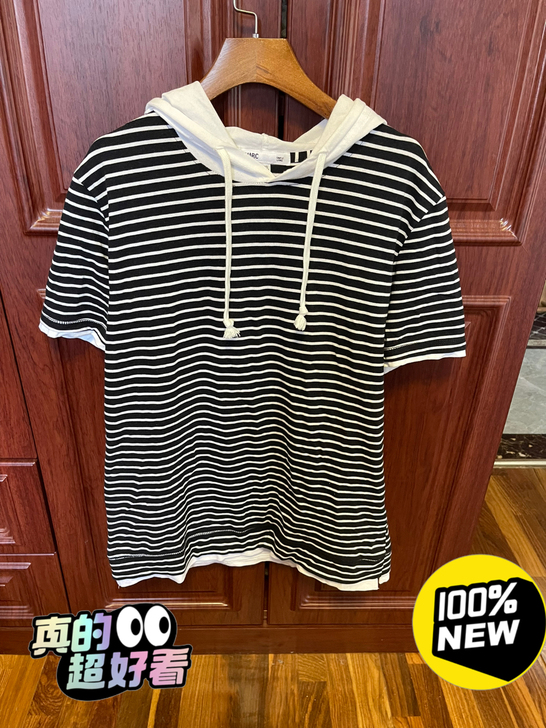 全新的 中性风格 甩帽款 条纹T恤 面料非...