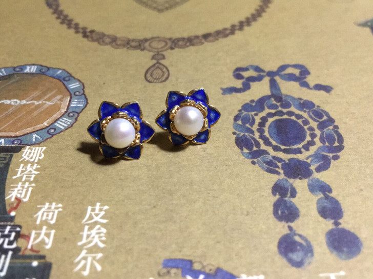 S925银鎏金烧蓝珍珠耳钉