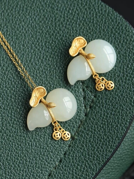 原创工艺s925纯银鎏金菏叶镶嵌天然和田玉...