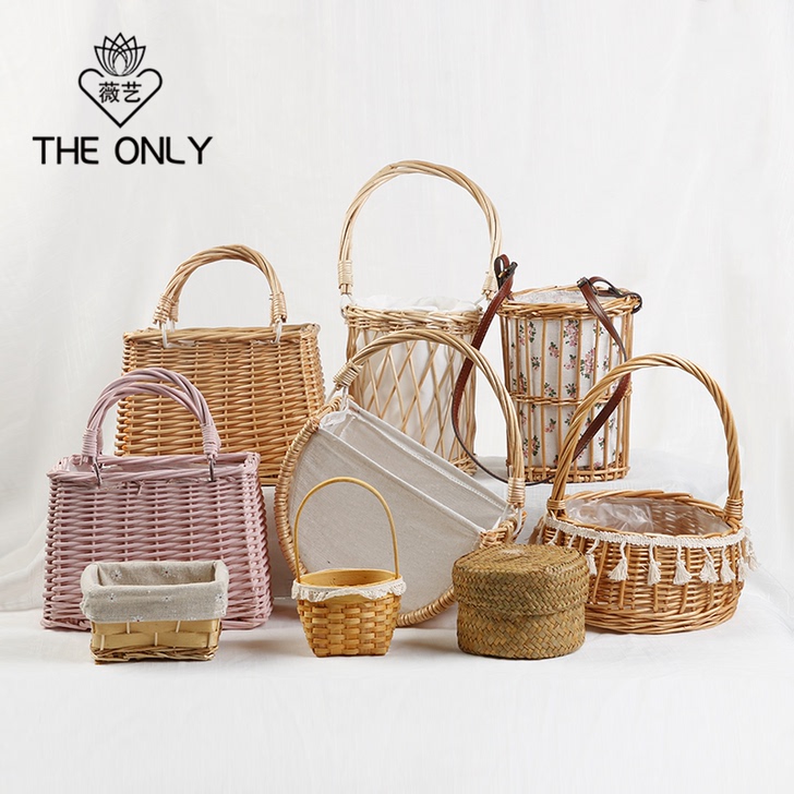 薇艺ins编织花篮 藤编手提草编复古小花蓝...