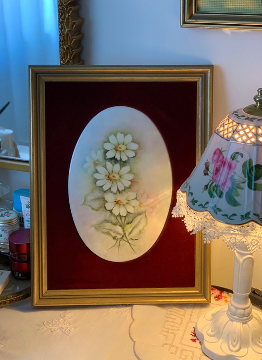 西洋vintage中古手绘瓷板画丝绒挂画欧...