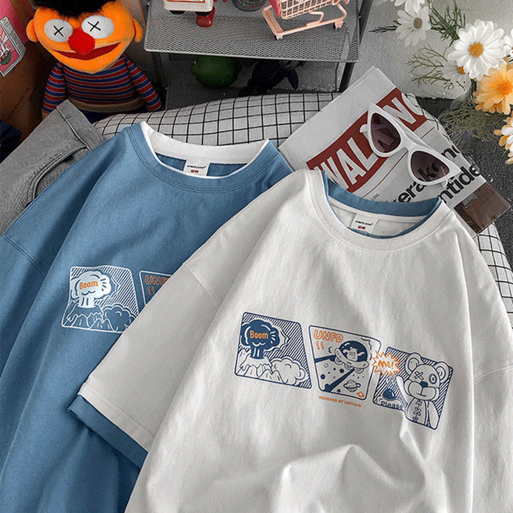 假两件短袖男潮牌ins夏季宽松拼接五分袖o...