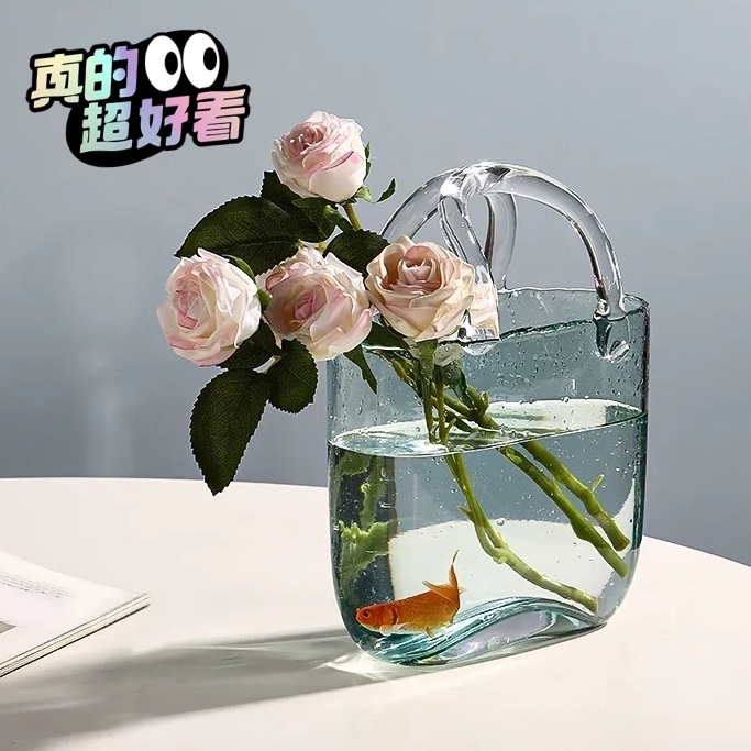 ins风透明玻璃手提包包花瓶插花鱼缸轻奢现...