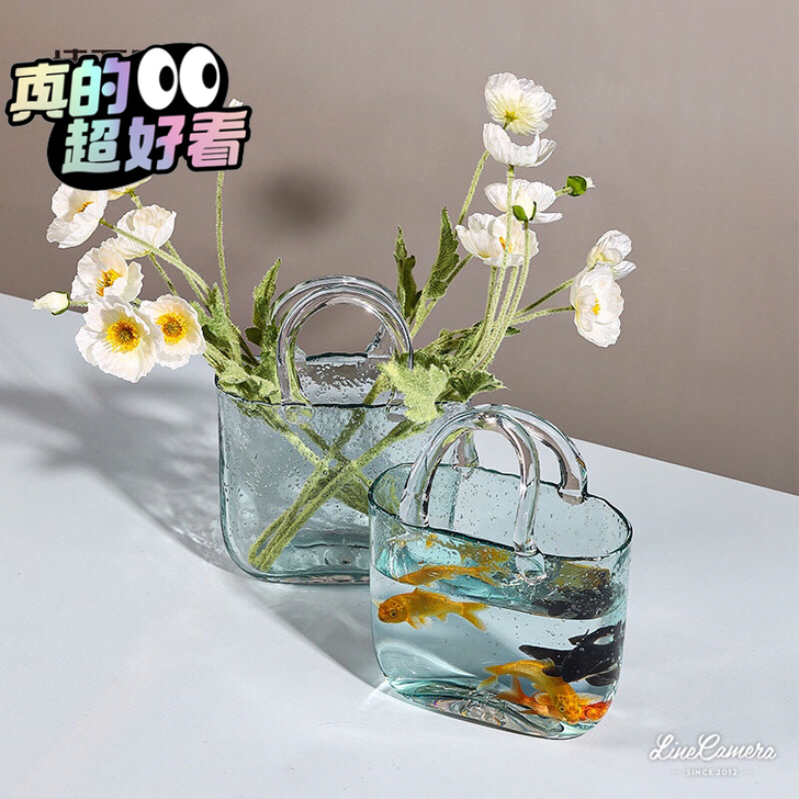 网红创意透明玻璃手提包包花瓶摆件客厅插花水...