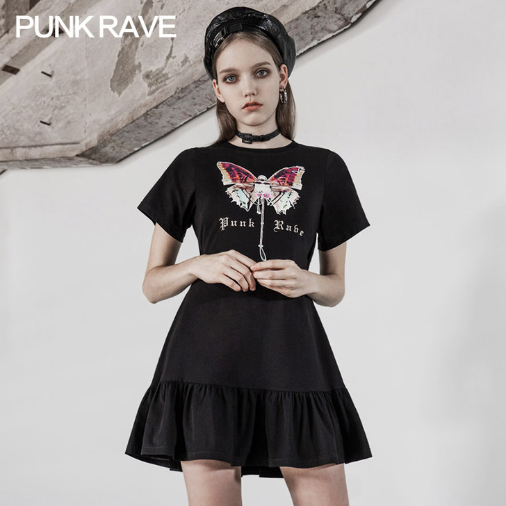 PUNK RAVE暗黑系温柔风小黑裙夏印花...