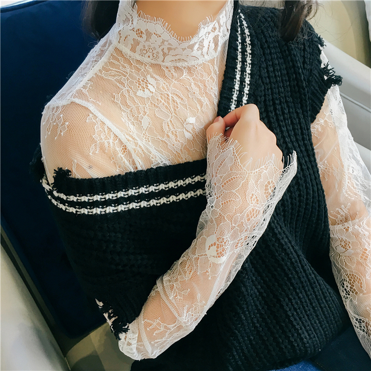 长袖立领法国长睫毛蕾丝柔软亲肤打底衫 可穿...