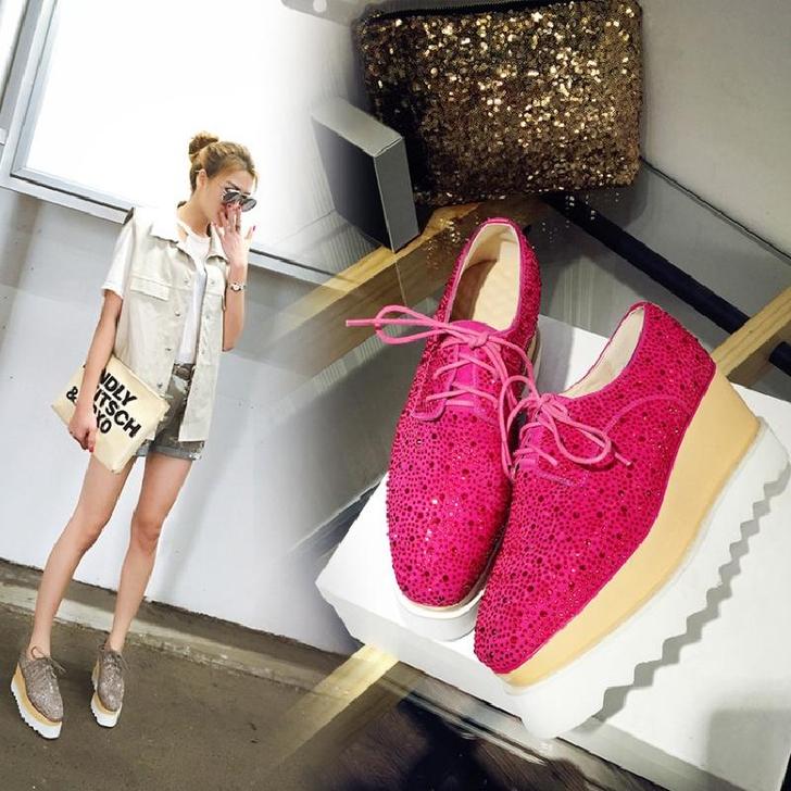 欧洲站春季新品厚底鞋女韩版系带坡跟单鞋松糕...