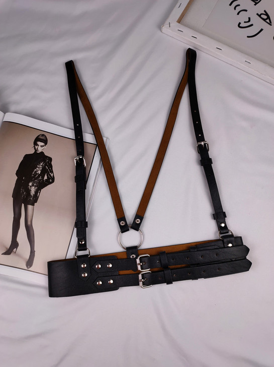 原宿风黑色吊带腰封女装饰连衣裙衬衫皮质背带...