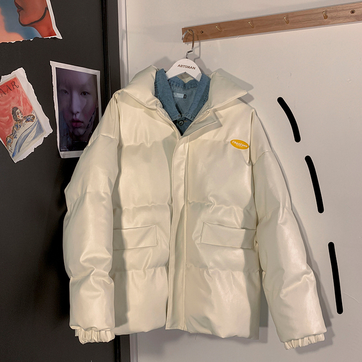 PU皮棉服女宽松港风学生冬季厚外套假两件棉...