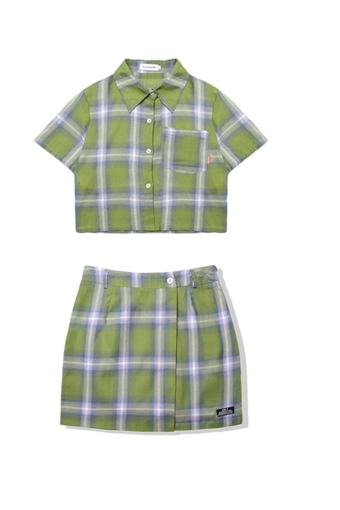 @桥花黄格子半身裙短装套装女夏网红短两件套...