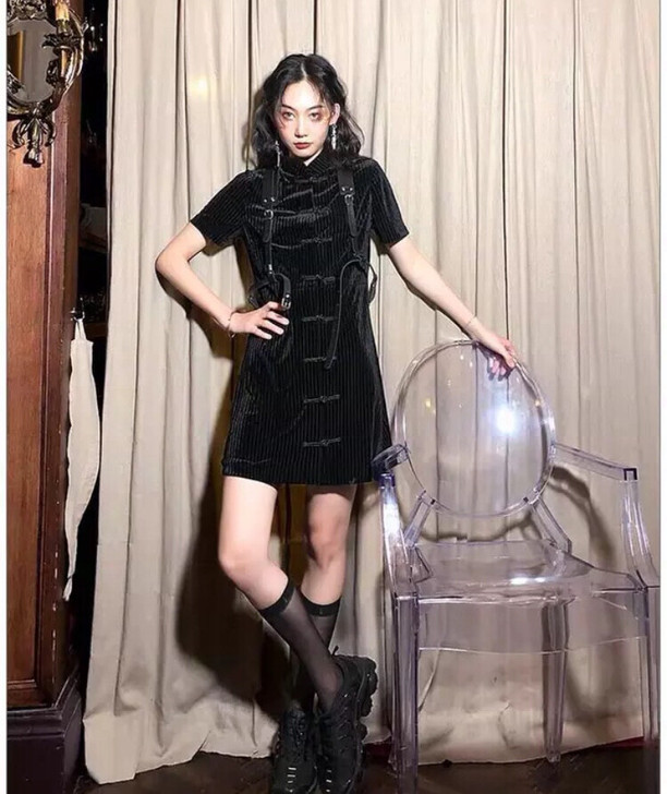 旗袍桥花中国风改良款黑色丝绒少女旗袍性感纯...