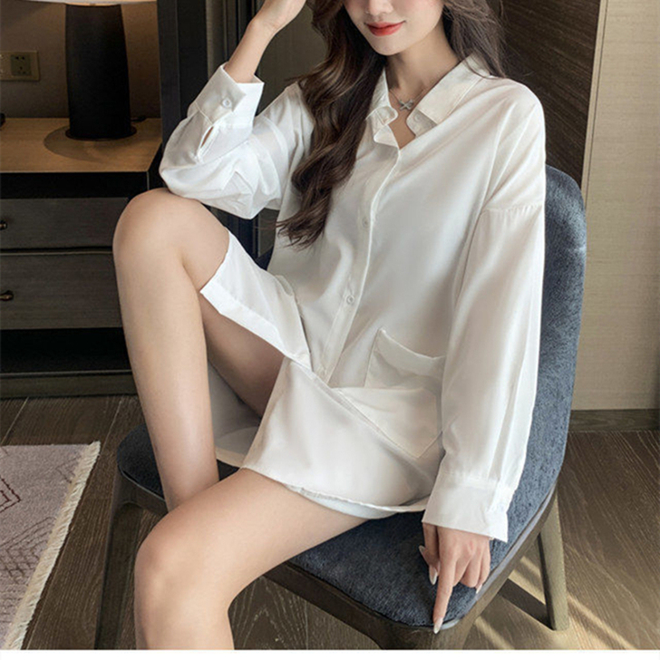 睡衣女夏季新款性感宽松中长款男友风白衬衫薄...