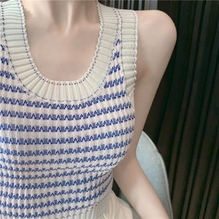 小香风针织撞色小背心2020夏季新款性感蓝...