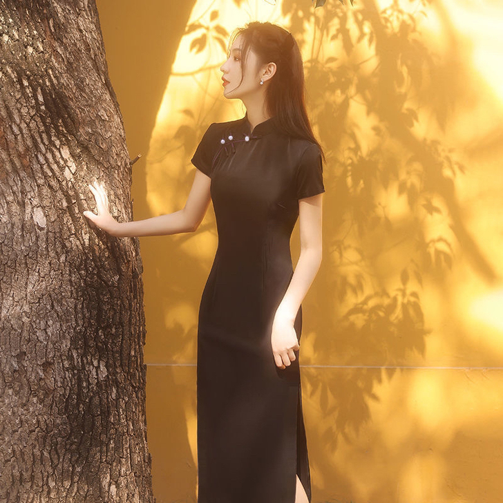 全新  旗袍2021年新款女夏季黑色高端高...