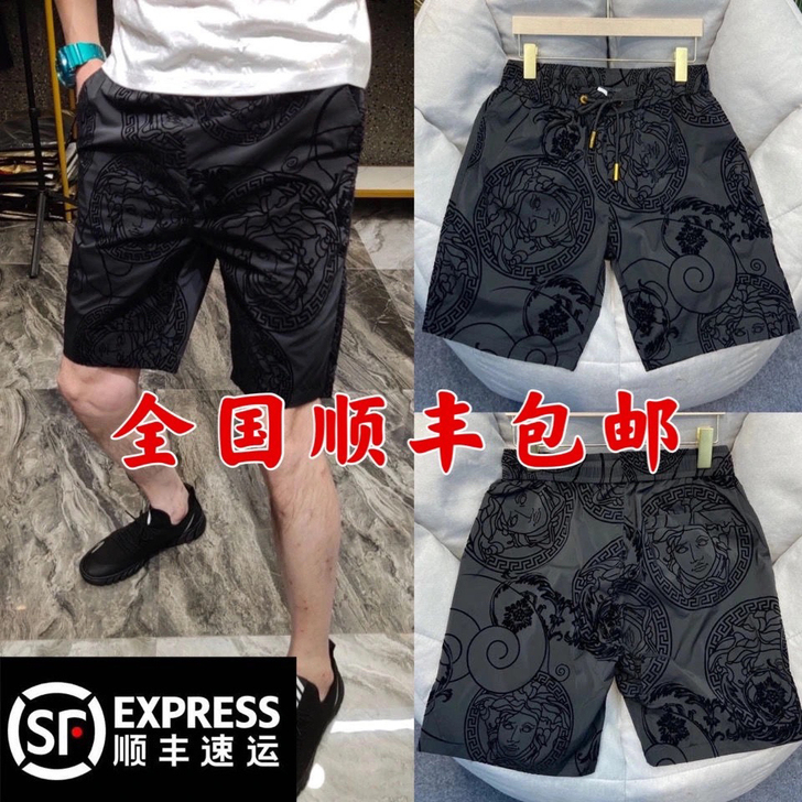 夏季新款休闲短裤男植绒美人头宽松大码韩版五...