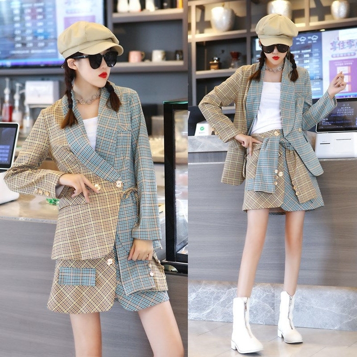 秋季新款名媛气质拼色格子小西装外套腰打结半...