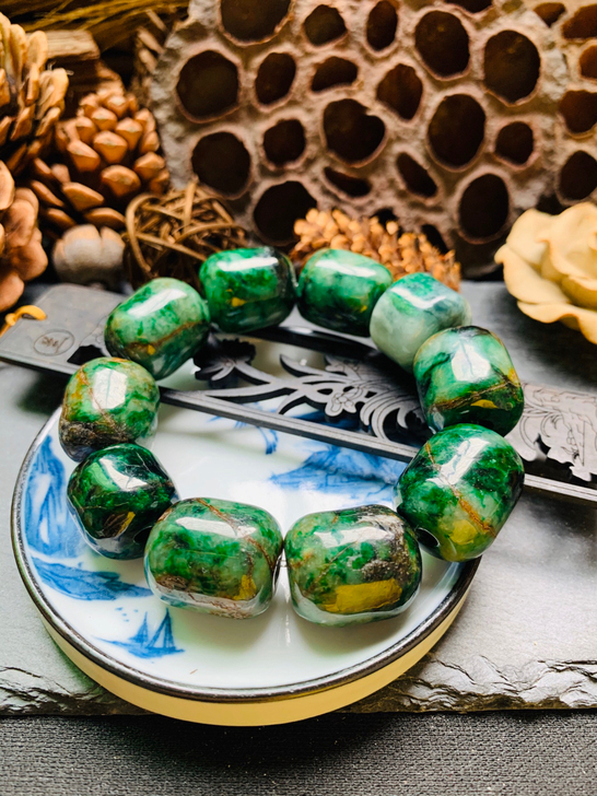 旧藏老料满绿珠子手串sc