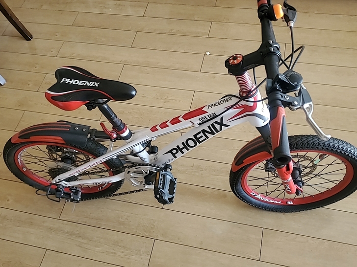 凤凰18寸白红色自行车，7速双碟刹带减震