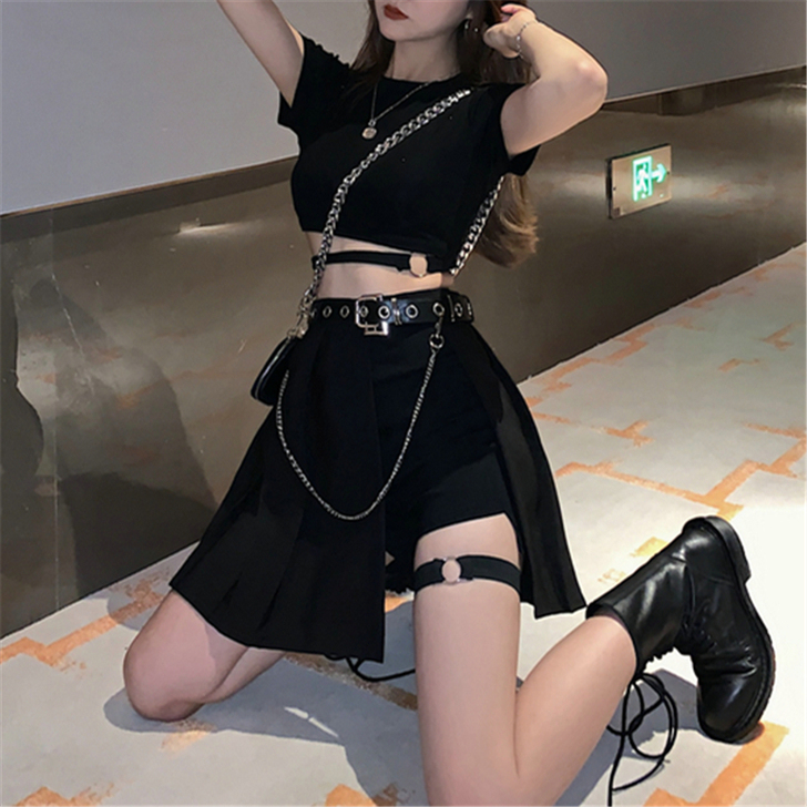 性感蹦迪女装黑暗系套装夏露脐上衣服帅气酷女...