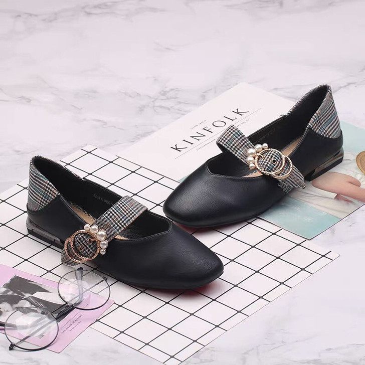 卓诗尼新款春秋季单鞋方头浅口低跟女单鞋，3...