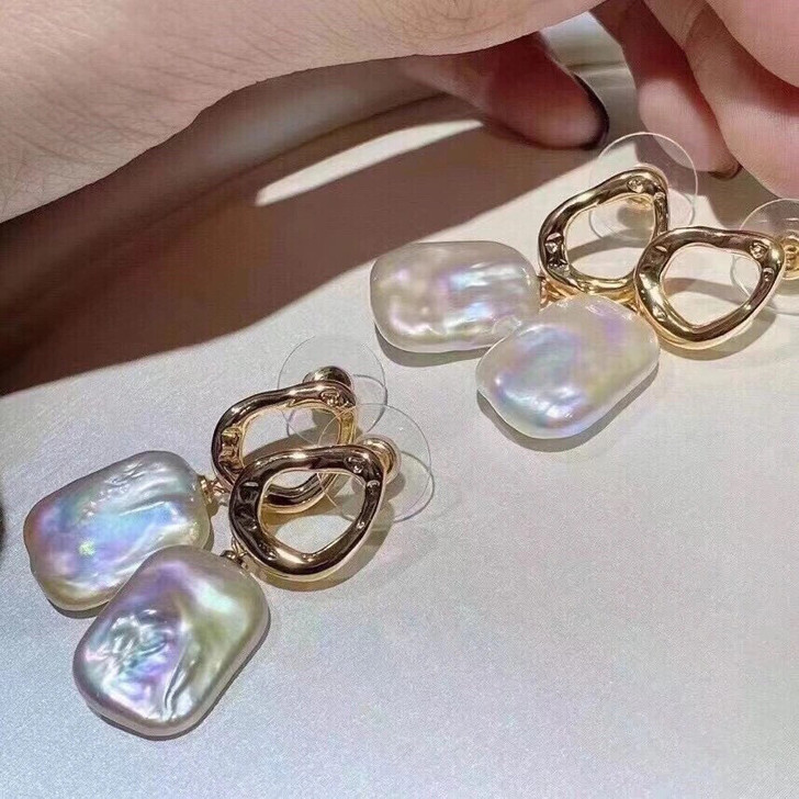 天然巴洛克方形耳坠