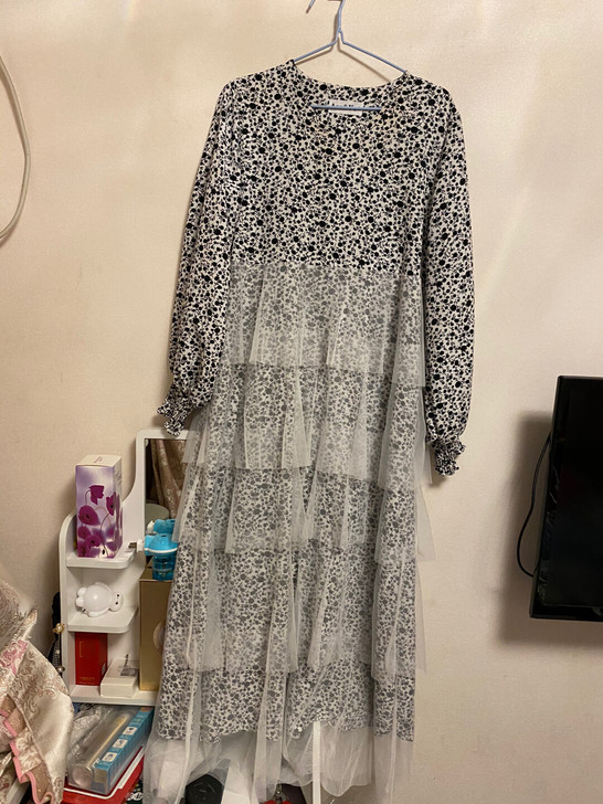 碎花网纱长袖蛋糕裙