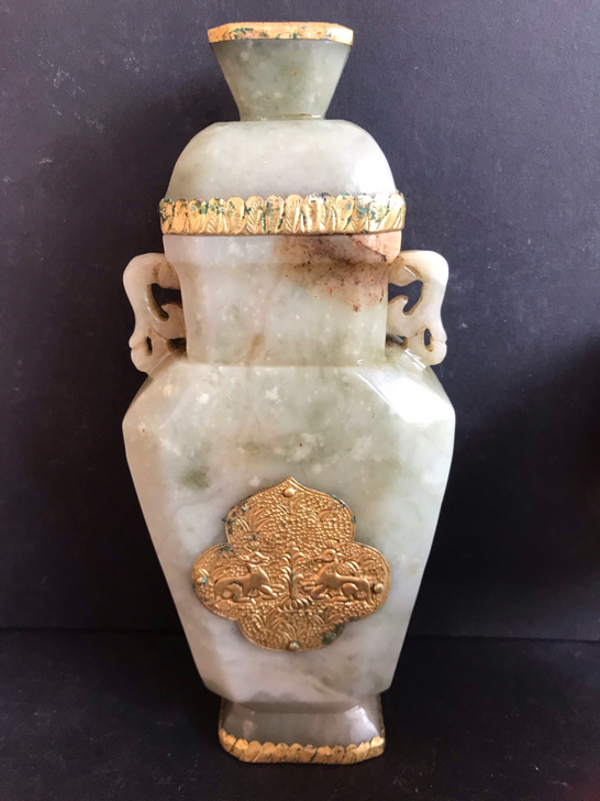 辽金时期玉瓶，完整，镶嵌铜鎏金，有沁色，无...