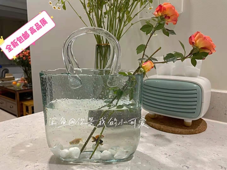 【全新包邮】网红创意透明玻璃手提包包花瓶摆...