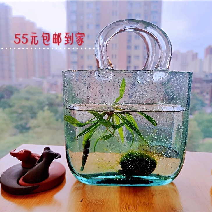 【养鱼插花两用】网红手提透明玻璃包包花瓶摆...