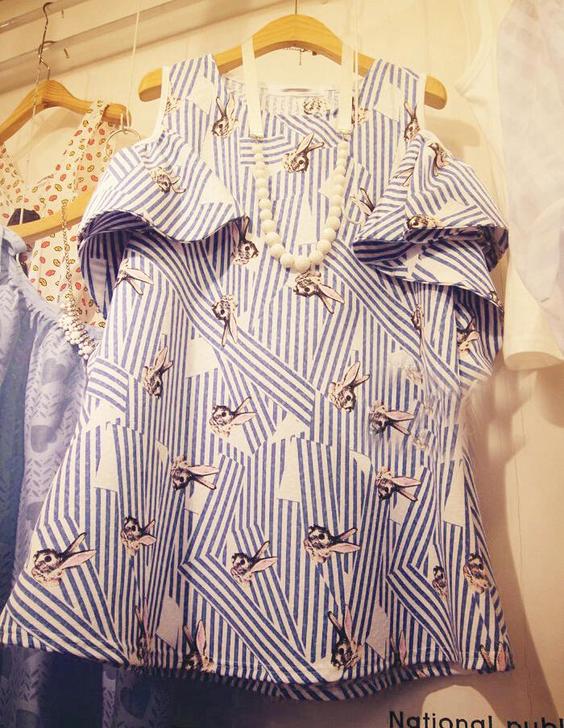 韩国代购兔子印花海军风条纹荷叶边短袖韩版露...