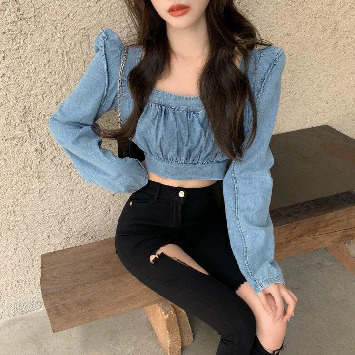 设计感小众法式后背拉链方领褶皱短款收腰长袖...