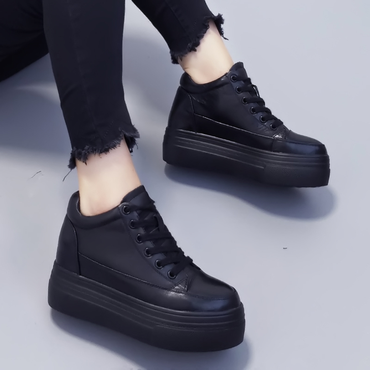 厚底鞋女2020秋新款松糕鞋真皮内增高休闲...