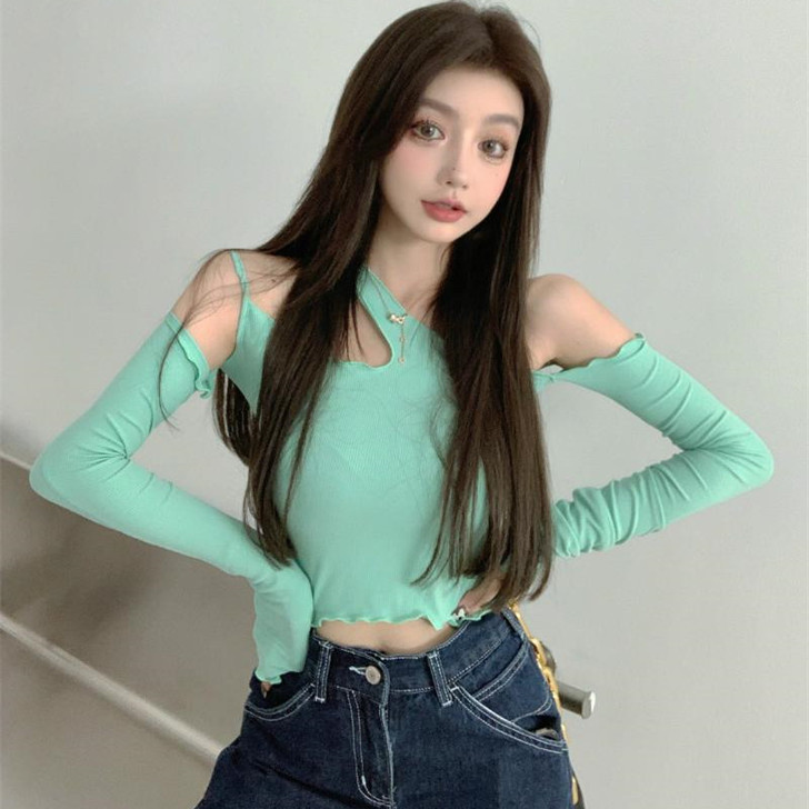 网红ins超火高腰露肩吊带长袖t恤女春秋设...