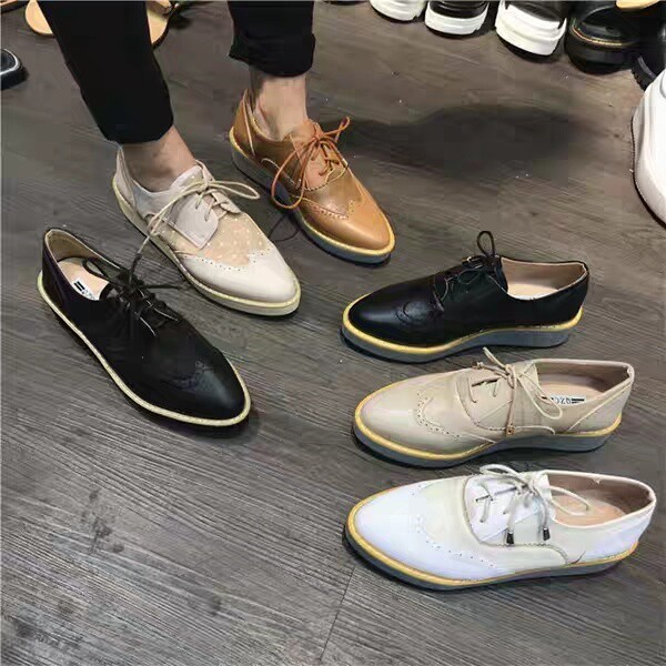 尖头布洛克单鞋女英伦复古风厚底松糕鞋夏网纱...