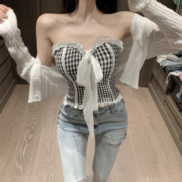 2020夏季新款时尚套装女软萌减龄格子抹胸...