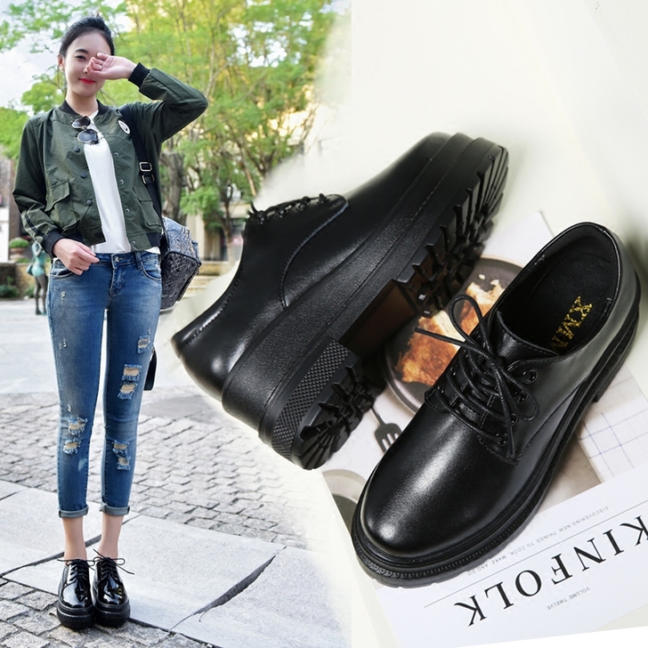 2019新款英伦风厚底鞋松糕底黑色秋冬女鞋...