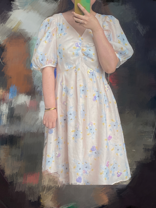 亮片仙女裙夏季高腰显瘦可爱泡泡袖印花甜美连...