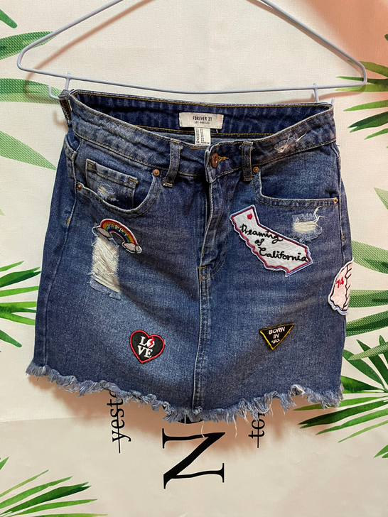 forever21半身牛仔短裙,嘻哈风,可...