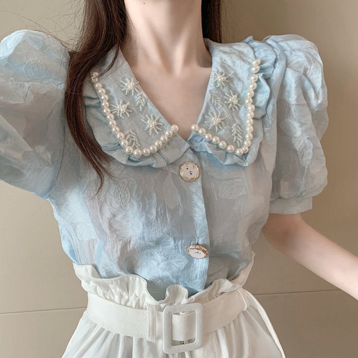 浅蓝色短袖  法式 娃娃领 泡泡袖