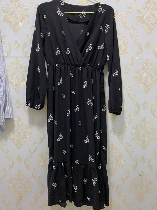 雪纺连衣裙花色长裙长袖连衣裙收腰松紧腰