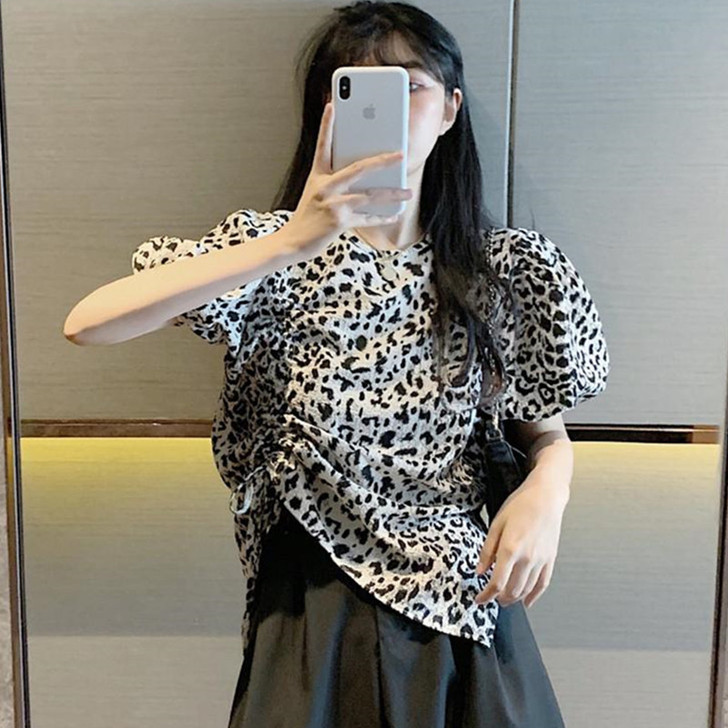 2021夏季女装韩版复古豹纹抽绳褶皱T恤女...