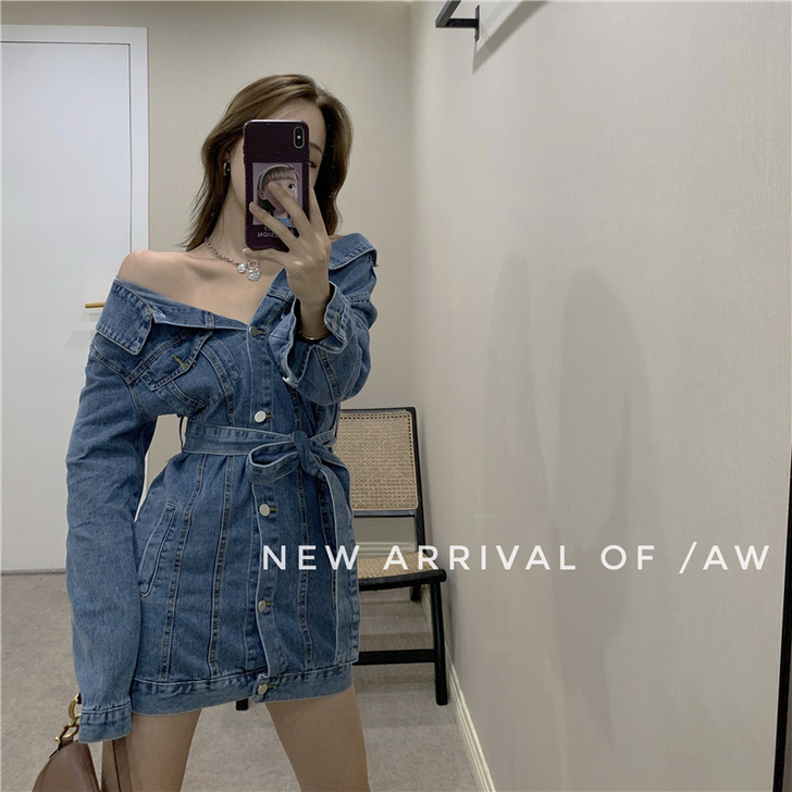长袖牛仔连衣裙女秋季性感露肩紧身包臀短裙2...