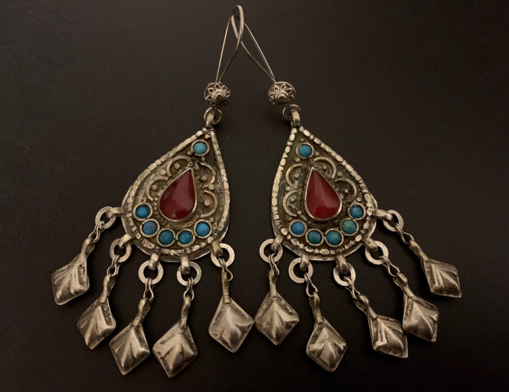 【出】阿富汗水滴造型老银琉璃耳坠