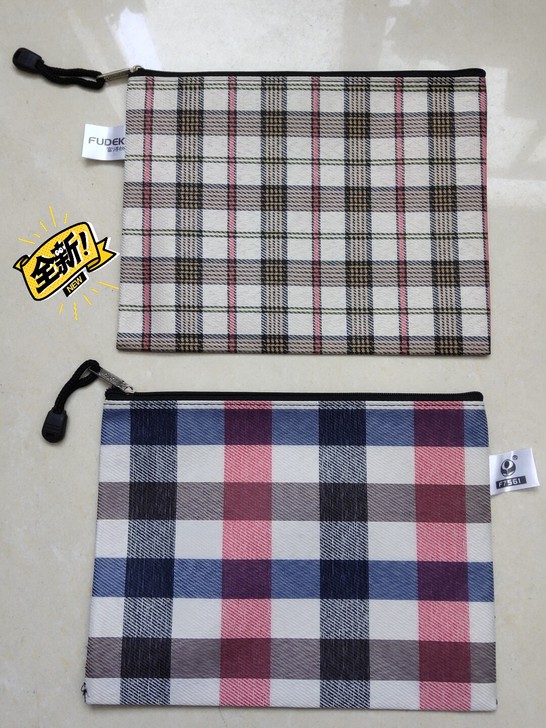 格子帆布A5拉链袋防水票据笔袋资料袋拉边袋...